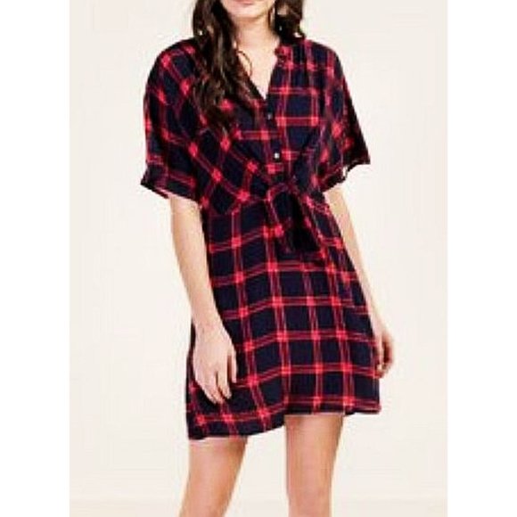 Drop Skye Plaid Tie-Front Dress Red Navy Tartan Button-Up Belt Belted A-Line S - Picture 2 of 9